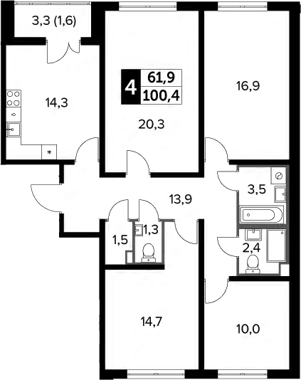 Планировка четырёхкомнатная 100.4 м² в ЖК «Южная Битца», корпус 7
