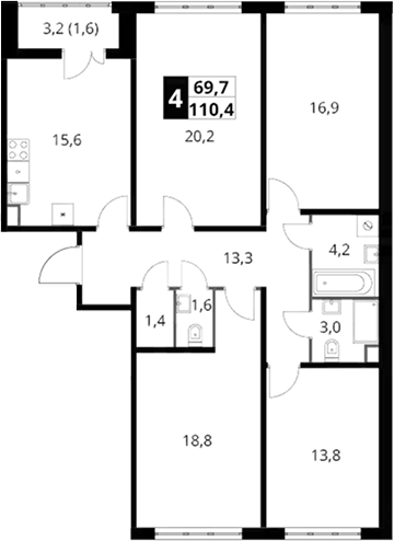 Планировка четырёхкомнатная 110.4 м² в ЖК «Южная Битца», корпус 8