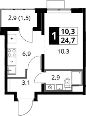 Планировка Студии 24.7 м² в ЖК «Южная Битца», корпус 10