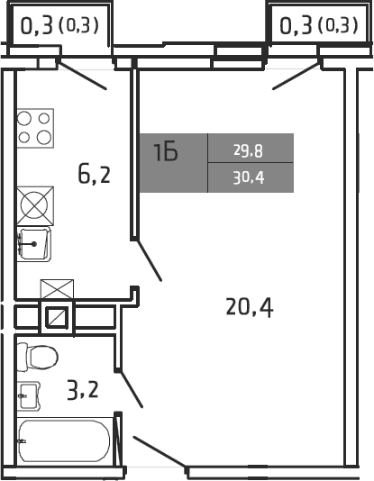 Планировка однокомнатная 30.4 м² в ЖК «Южная Долина», корпус 25