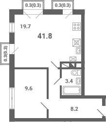 Планировка евродвушка (2Е) 41.8 м² в ЖК «Южная Долина», корпус 31