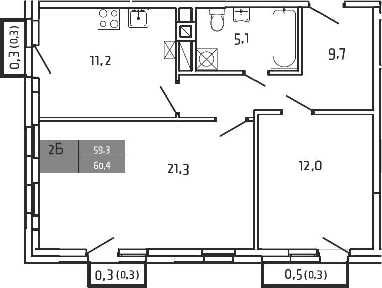 Планировка двухкомнатная 60.4 м² в ЖК «Южная Долина», корпус 25