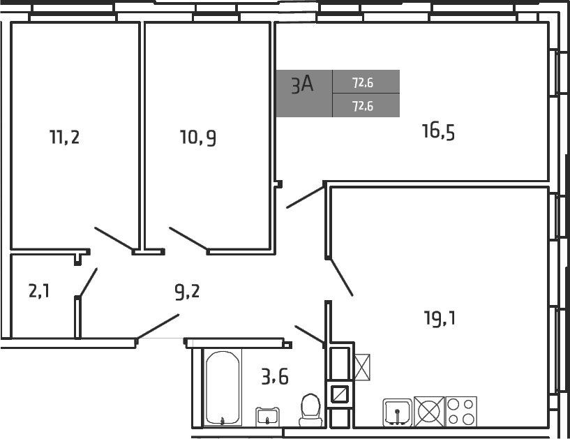 Планировка трёхкомнатная 72.6 м² в ЖК «Южная Долина», корпус 25