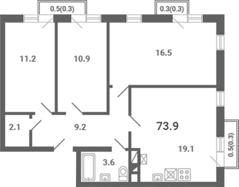 Планировка трёхкомнатная 73.9 м² в ЖК «Южная Долина», корпус 23