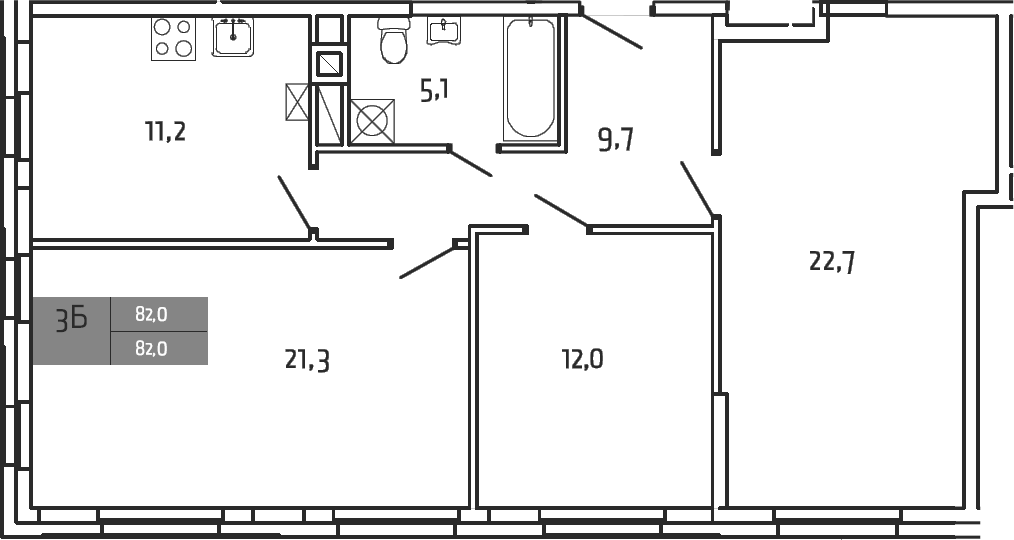 Планировка трёхкомнатная 82 м² в ЖК «Южная Долина», корпус 25