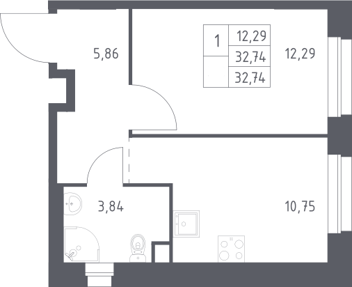 Планировка однокомнатная 32.74 м² в ЖК «ЭкоБунино», корпус 13