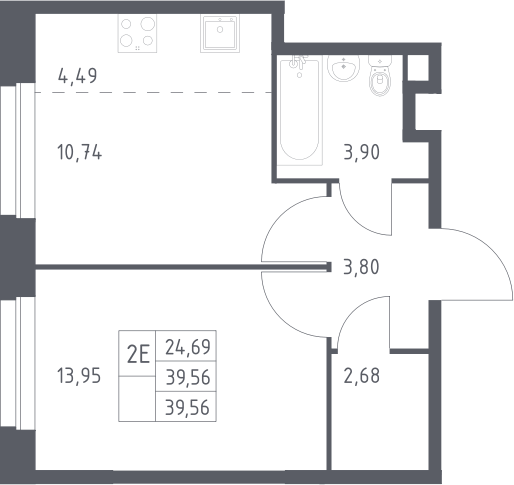 Планировка евродвушка (2Е) 39.56 м² в ЖК «ЭкоБунино», корпус 13