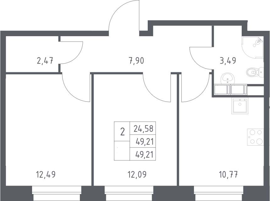 Планировка двухкомнатная 49.21 м² в ЖК «ЭкоБунино», корпус 13
