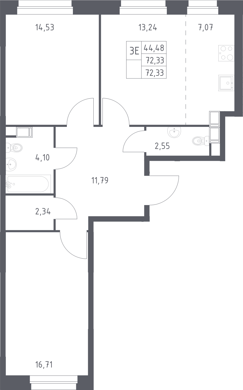Планировка евротрёшка (3Е) 72.33 м² в ЖК «ЭкоБунино», корпус 13