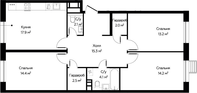 Планировка трёхкомнатная 83.6 м² в ЖК «ЭкоБунино», корпус 15
