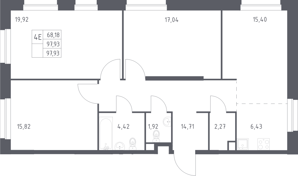 Планировка евро-4 (4Е) 97.93 м² в ЖК «ЭкоБунино», корпус 13