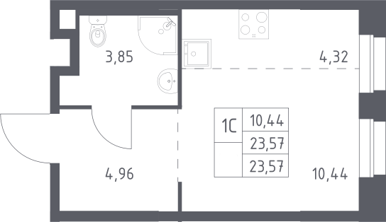 Планировка Студии 23.57 м² в ЖК «ЭкоБунино», корпус 13