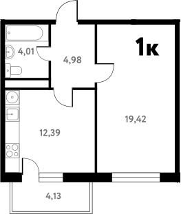 Планировка однокомнатная 42.16 м² в ЖК «Южное Пушкино», корпус 1