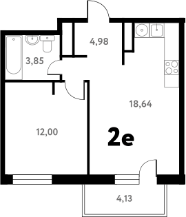 Планировка евродвушка (2Е) 40.8 м² в ЖК «Южное Пушкино», корпус 1