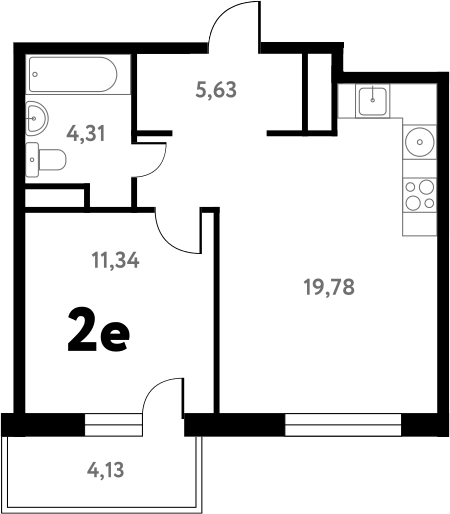 Планировка евродвушка (2Е) 41.73 м² в ЖК «Южное Пушкино», корпус 2
