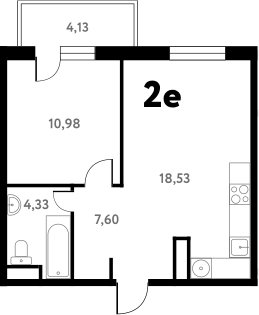 Планировка евродвушка (2Е) 42.77 м² в ЖК «Южное Пушкино», корпус 1