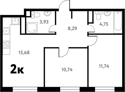 Планировка двухкомнатная 55.29 м² в ЖК «Южное Пушкино», корпус 1