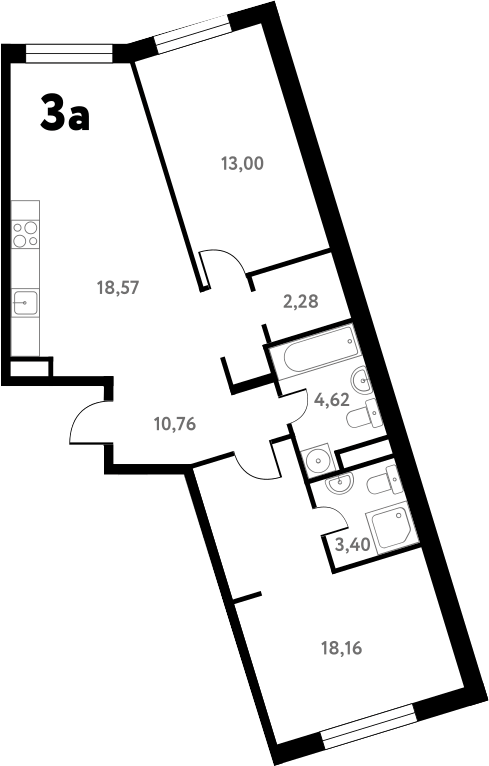 Планировка евротрёшка (3Е) 71.43 м² в ЖК «Южное Пушкино», корпус 1