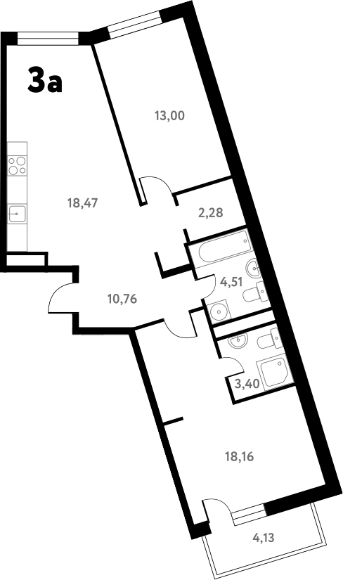 Планировка евротрёшка (3Е) 72.52 м² в ЖК «Южное Пушкино», корпус 1
