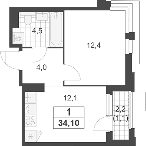Планировка однокомнатная 34.1 м² в ЖК «Южные сады», корпус 3.1.2