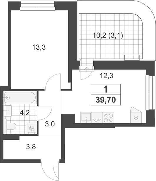 Планировка однокомнатная 39.7 м² в ЖК «Южные сады», корпус 3.1.2