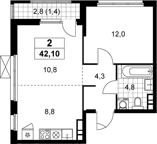 Планировка евродвушка (2Е) 42.1 м² в ЖК «Южные сады», корпус 4.1.2