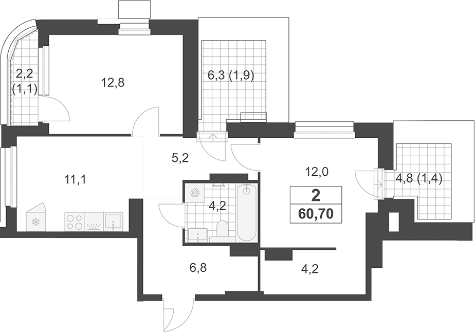 Планировка двухкомнатная 60.7 м² в ЖК «Южные сады», корпус 3.1.2