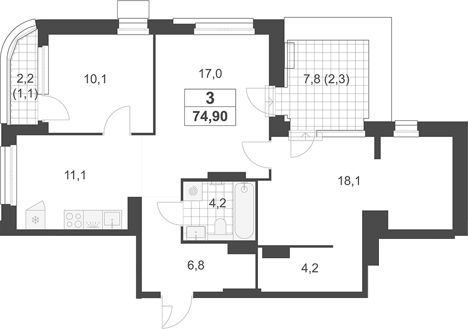 Планировка трёхкомнатная 74.9 м² в ЖК «Южные сады», корпус 3.1.2