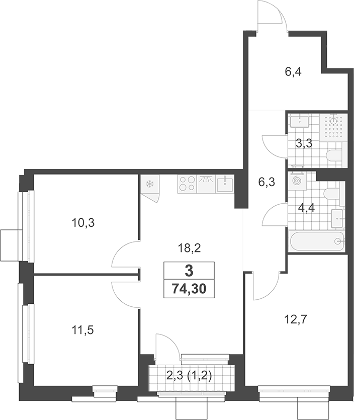 Планировка евро-4 (4Е) 74.3 м² в ЖК «Южные сады», корпус 3.1.2
