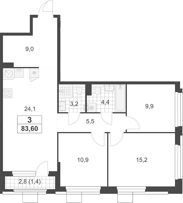 Планировка евро-4 (4Е) 83.6 м² в ЖК «Южные сады», корпус 3.1.2