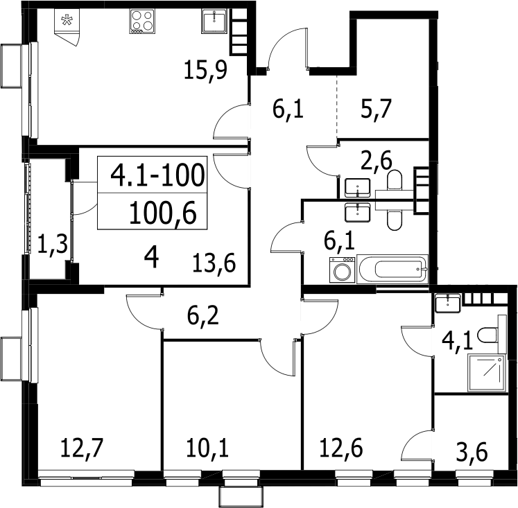 Планировка четырёхкомнатная 100.6 м² в ЖК «Южные сады», корпус 4.1.1