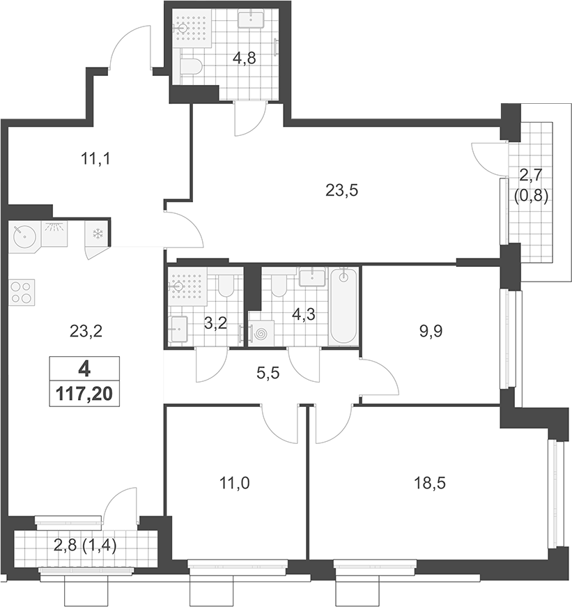 Планировка 5Е-к.кв 117.2 м² в ЖК «Южные сады», корпус 3.1.2
