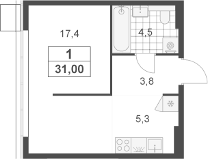 Планировка Студии 31 м² в ЖК «Южные сады», корпус 3.1.1