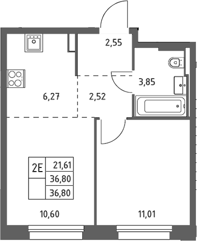 Планировка евродвушка (2Е) 36.8 м² в ЖК «Заречье Парк», корпус 4