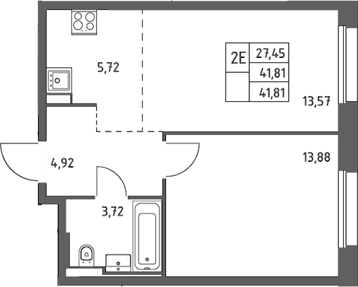 Планировка евродвушка (2Е) 41.81 м² в ЖК «Заречье Парк», корпус 4