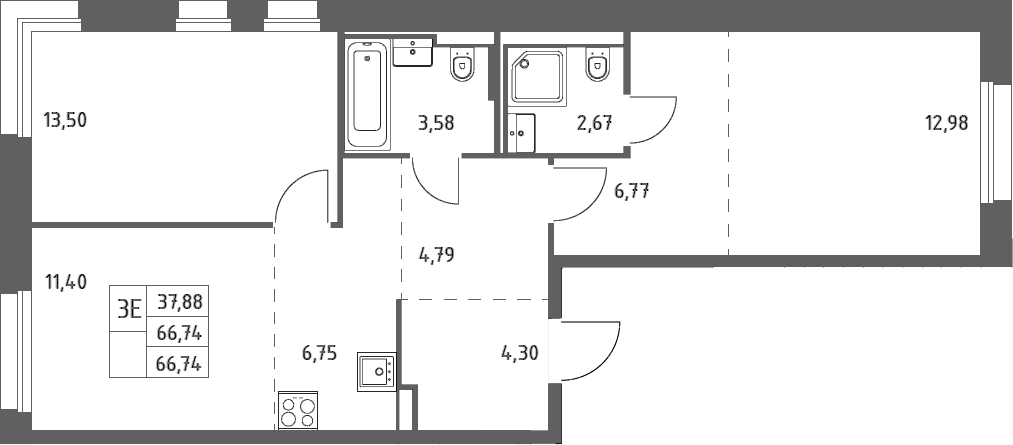 Планировка евротрёшка (3Е) 66.74 м² в ЖК «Заречье Парк», корпус 4