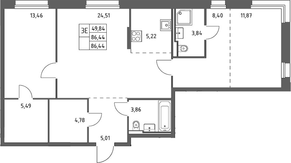 Планировка евротрёшка (3Е) 86.44 м² в ЖК «Заречье Парк», корпус 4