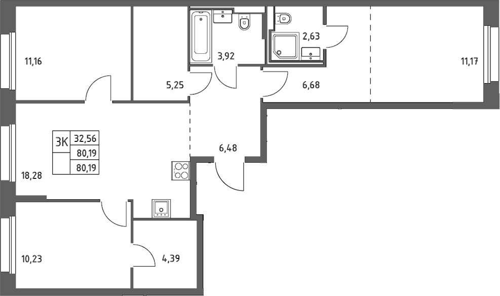 Планировка трёхкомнатная 80.19 м² в ЖК «Заречье Парк», корпус 4