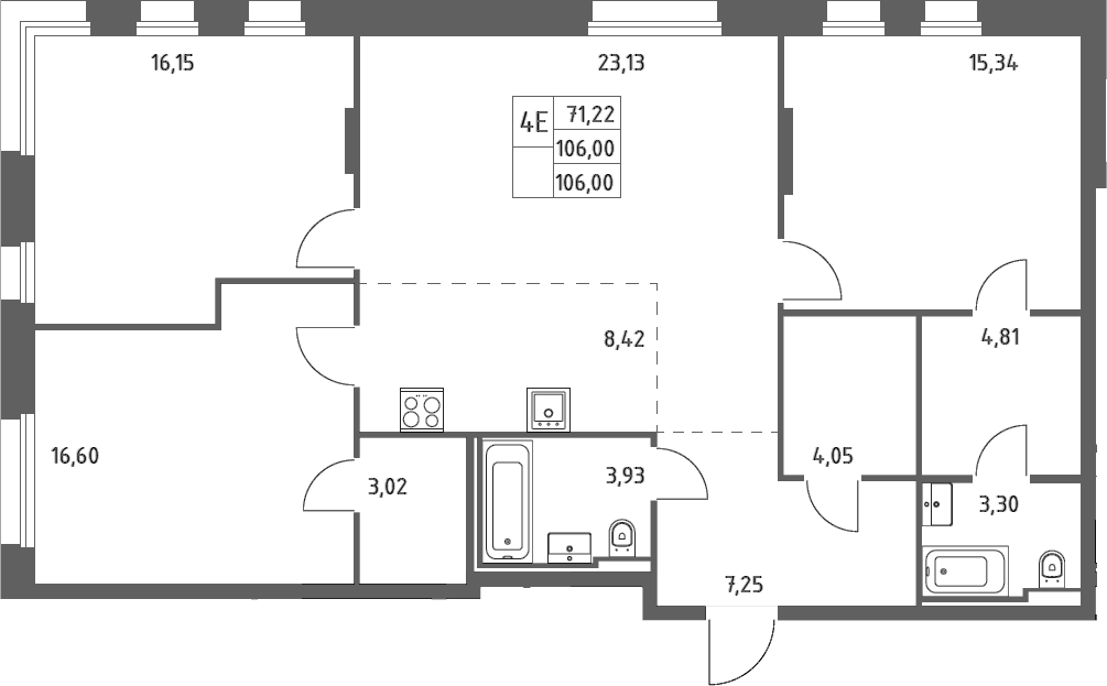 Планировка евро-4 (4Е) 106 м² в ЖК «Заречье Парк», корпус 4
