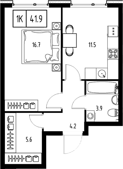 Планировка однокомнатная 41.9 м² в ЖК «Сколково ВАН», корпус 5