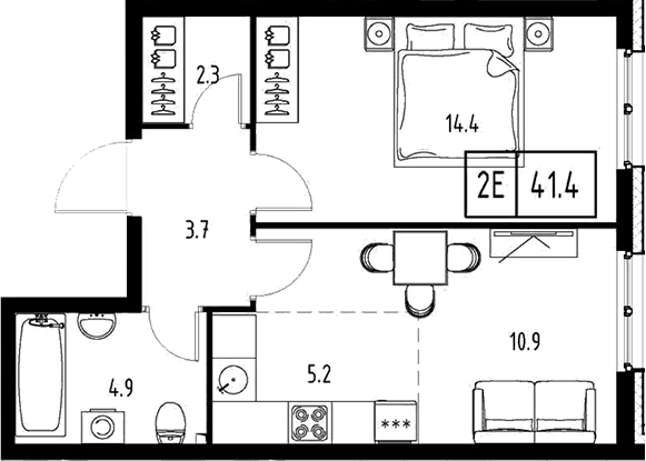 Планировка евродвушка (2Е) 41.4 м² в ЖК «Сколково ВАН», корпус 5