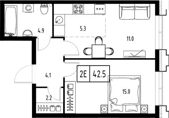 Планировка евродвушка (2Е) 42.5 м² в ЖК «Сколково ВАН», корпус 5