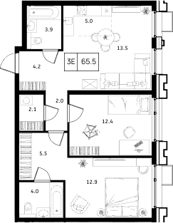 Планировка евротрёшка (3Е) 65.7 м² в ЖК «Сколково ВАН», корпус 4