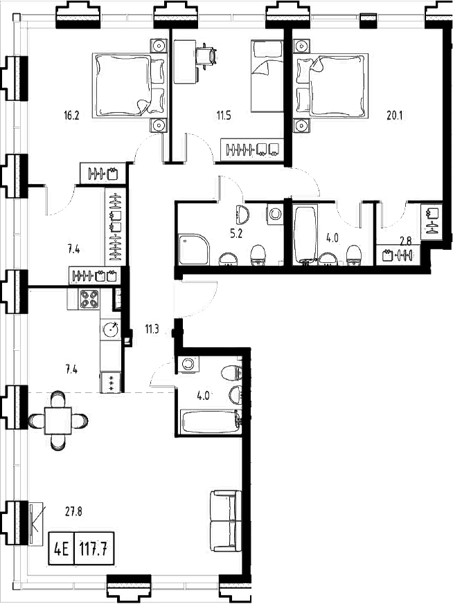 Планировка евро-4 (4Е) 117.7 м² в ЖК «Сколково ВАН», корпус 6