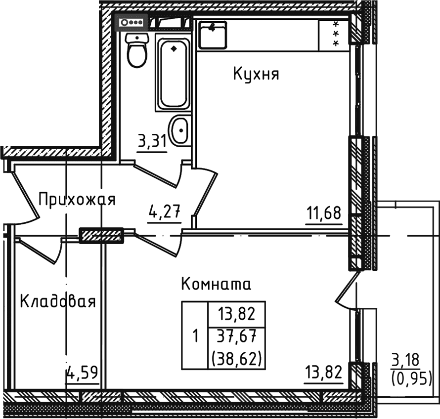 Планировка однокомнатная 38.62 м² в ЖК «Зеленый город», корпус 1