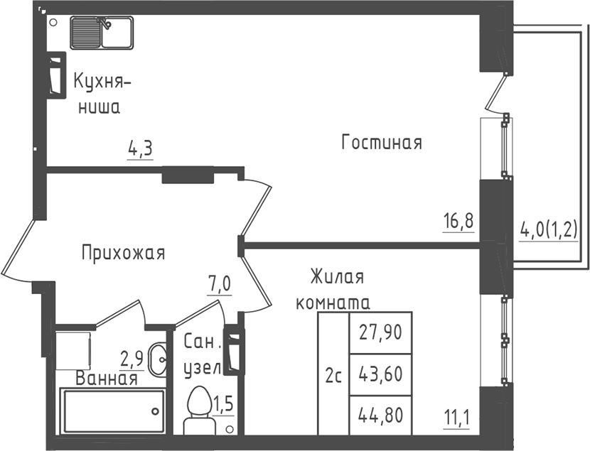 Планировка однокомнатная 44.8 м² в ЖК «Зеленый город», корпус 3