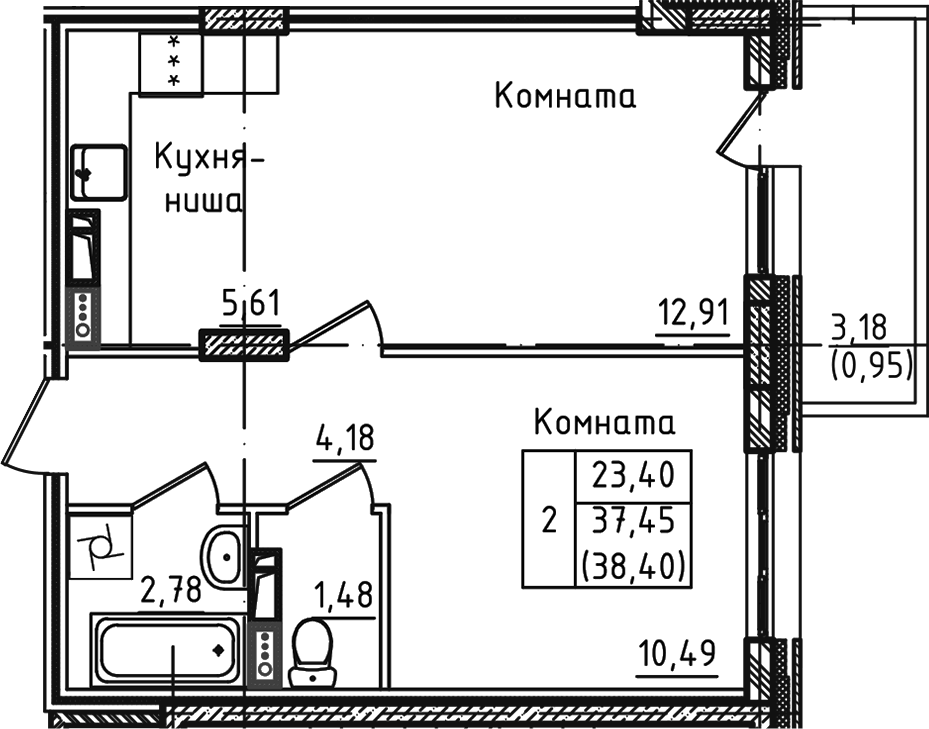Планировка евродвушка (2Е) 38.4 м² в ЖК «Зеленый город», корпус 1