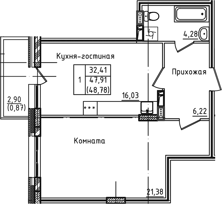 Планировка евродвушка (2Е) 48.78 м² в ЖК «Зеленый город», корпус 1