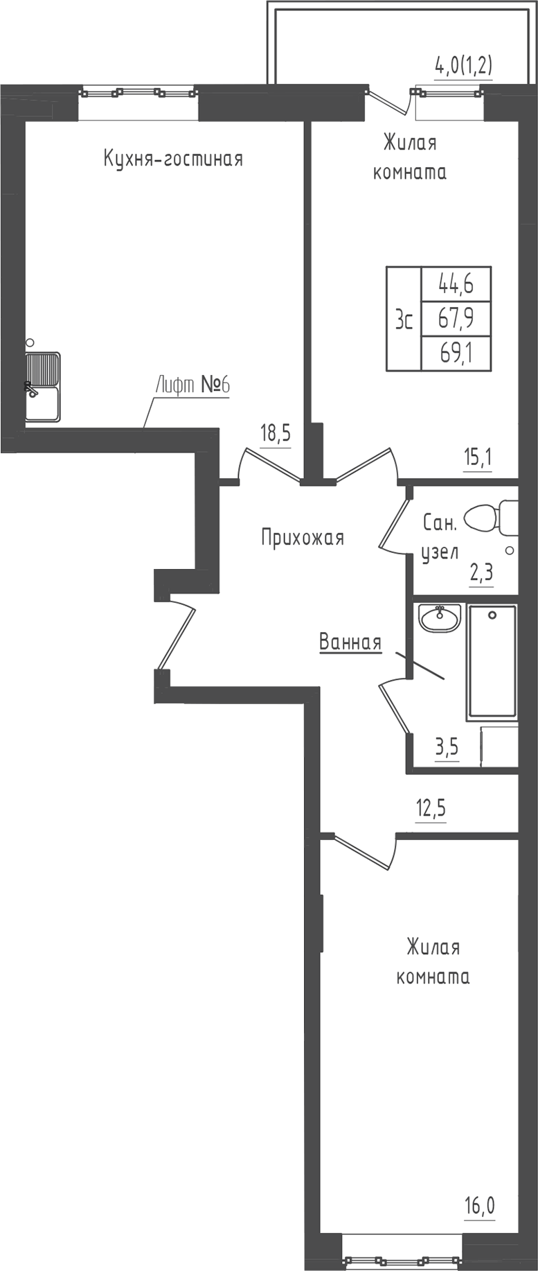 Планировка двухкомнатная 69.09 м² в ЖК «Зеленый город», корпус 3