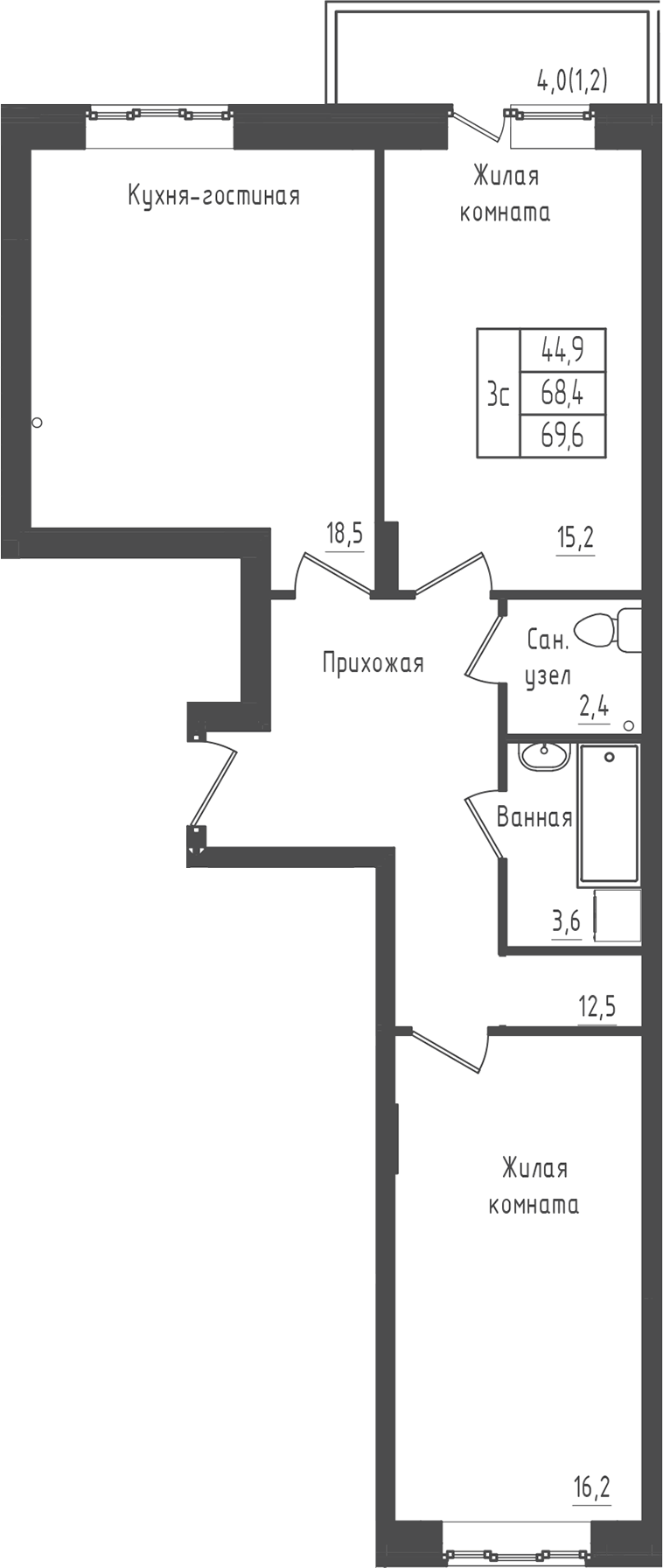 Планировка двухкомнатная 69.6 м² в ЖК «Зеленый город», корпус 3